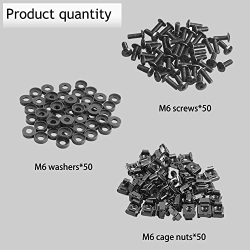 50-Pack M6 x 16mm Computer Rack Mount Cage Screws, Nuts & Washers for Server Cabinet - Black