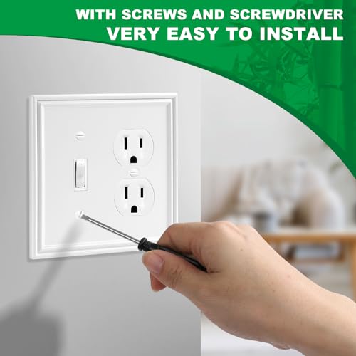 OKAYZIP White Decorative Combination 2 Gang Toggle/Outlet Covers Wall Plate | Natural Material Switch Plate Outlet Covers - 2 Pack Modern Style 1 Duplex/1 Toggle Light Switch Covers - size: 1 Toggle/1 Duplex 2 Pack