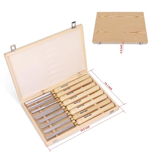 HURRICANE 8pc Wood Lathe Chisel Set, M2 HSS Wood Turning Tools with 10" Solid Hardwood Handles, Lathe Tool Kit for Beginners and DIY Hobbyists, Includes Protective Wooden Box - size: 8 pc with Wood Case