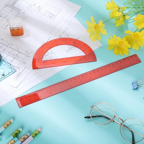 Zonon 2 Pcs 12 Inch Clear Ruler and 6 Inch Plastic Protractor Set, Red - color: Red