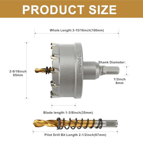 2-9/16'' TCT Hole Saw Kit Tungsten Carbide Tipped Hole Saw Drill Bit with Titanium-Plated Pilot Drill bit for Metal, Stainless Steel, Iron (65MM) - size: 65MM | 2-9/16''