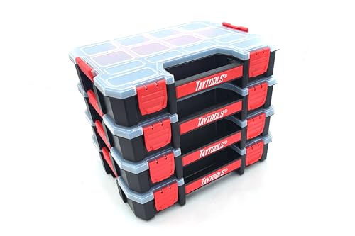 Taytools 14 Compartment Medium Parts Organizer Box - Dual Latch Portable Tool Box with Removeable Dividers for Storing Hardware, Screws, Bolts, Nails, Beads or Jewely