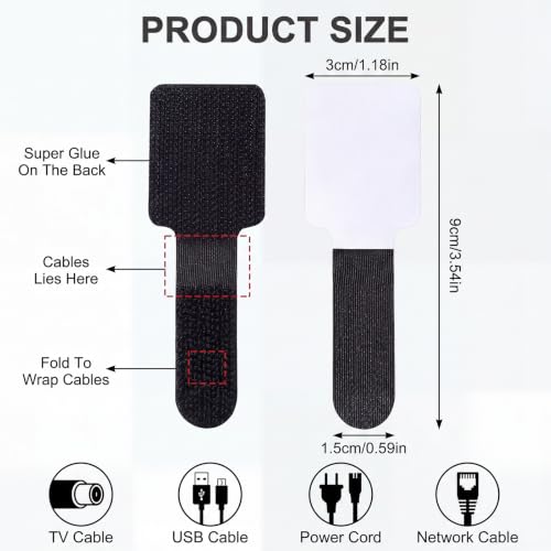 100 Pcs Cable Management Under Desk, Hook and Loop Cable Straps, Black - color: Black