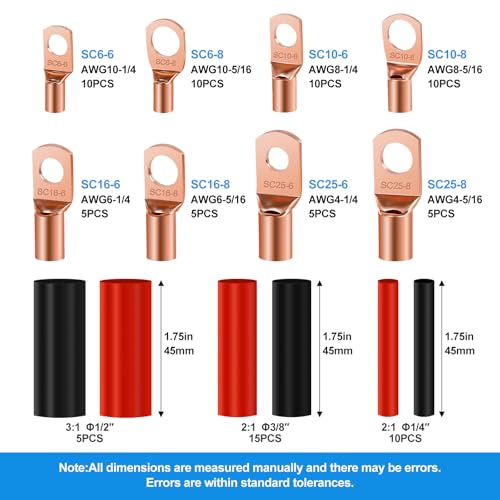 Battery Cable Lug Crimping Tool with 60pcs Copper battery terminal connectors,60pcs Dual Wall Adhesive Heat Shrink Tubing,Wire Crimper Tool for AWG 10-1/0 battery Cable Ends Crimper with Cable Cutter - color: 2 Tools With 120 Accessories