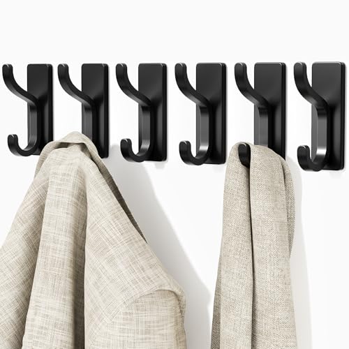 Adhesive Wall Hooks for Towel/Coat,13Lb Strong Stick-On Hooks, Black 6 Pack - color: Black, size: 6 Pack