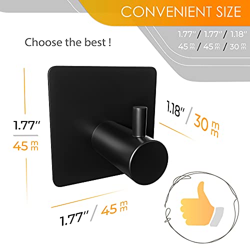 Matte Black Self Adhesive Towel Hooks for Bathroom Wall Door Mounted - SUS304 Stainless Steel Strong Strips Stick on 3/M Wall Hooks for Hanging Coat, Hat, Bag, Key, Jacket – 8 Pack