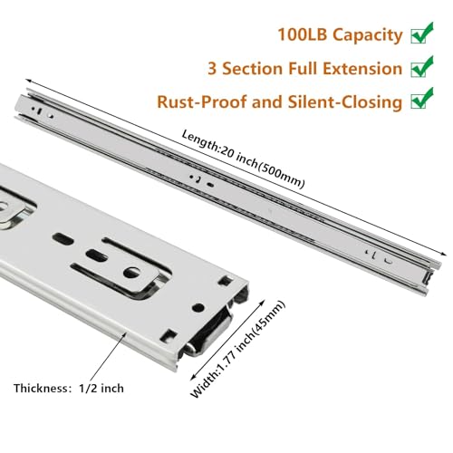 LONTAN 1 Pair Drawer Slides 20 Inch Heavy Duty Side Mount 100 LB Capacity - size: 20 Inch
