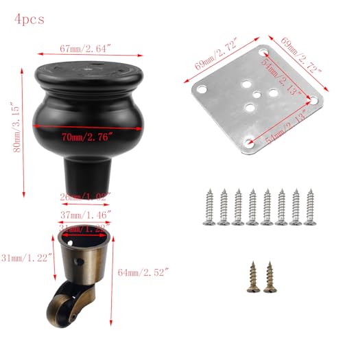 4.72" Height Wooden Furniture Legs with Furniture Casters, Black - color: Black, size: Height: 4.72"