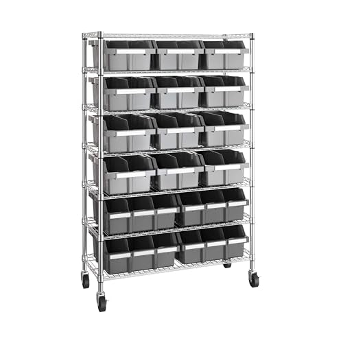 7-Tier NSF 16-Bin Steel Wire Shelving Rack, 36"W x 14"D x 56"H, Gray | 16 slide-out bins with tilt-lock design keep supplies organized and accessible - color: Gray, size: Includes 16 Bins