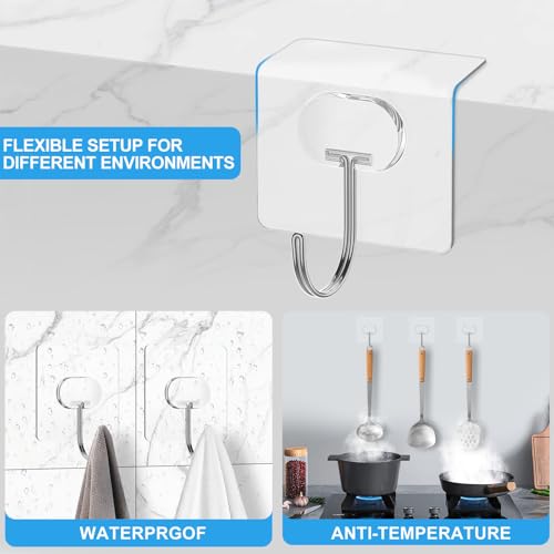 JINSHUNFA Adhesive Wall Hooks 13LB Heavy Duty No Drill Large Transparent Waterproof Hooks for Bathroom Kitchen Towel Coat 24 Pack - color: Clear, size: Large 24 Pcs