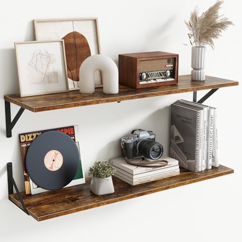 Acovy Deep Floating Shelves for Wall,36Wx8D Wall Mounted Shelves Set of 2,Wall Storage Floating Shelf with Sturdy Metal Brackets for Living Room,Bathroom,Kitchen,Office,Rustic Brown - color: Rustic Brown, size: 36"Wx8"D-2pcs