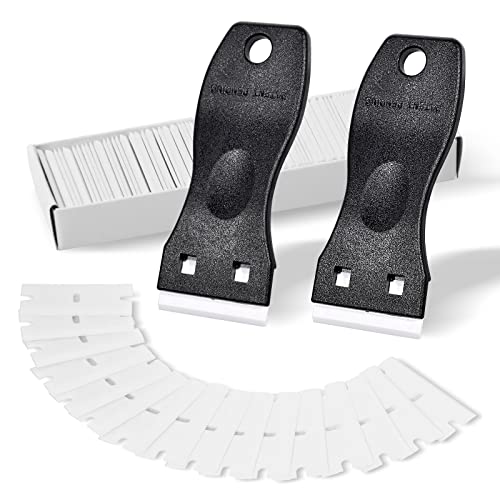 FOSHIO 2PCS Plastic Razor Blade Scraper Tool and 100PCS Plastic Blades for Gasket Remover, Sticker Remover, Labels Decal and Adhesive Remover for Windows and Glass (Dark Black) - color: Dark Black