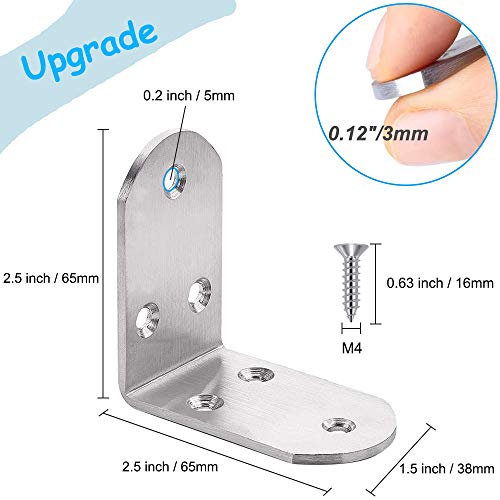 6Pcs Heavy Duty L Bracket Corner Braces 65x65x38mm Stainless Steel 90 Degree Joints Right Angle Brackets, Metal Corner Support Fastener for Wood, Shelves - size: 6PCS-Silver 65*65*38mm/ 2.5in (Double Wide)