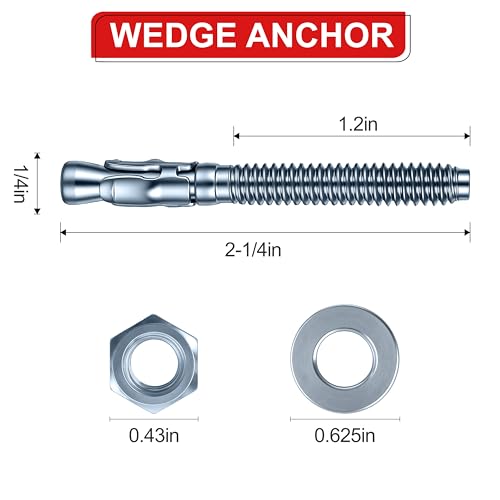 1/4 x 2-1/4 in Wedge Anchors 12 pcs Galvanized Concrete Anchors - size: 1/4 x 2-1/4In
