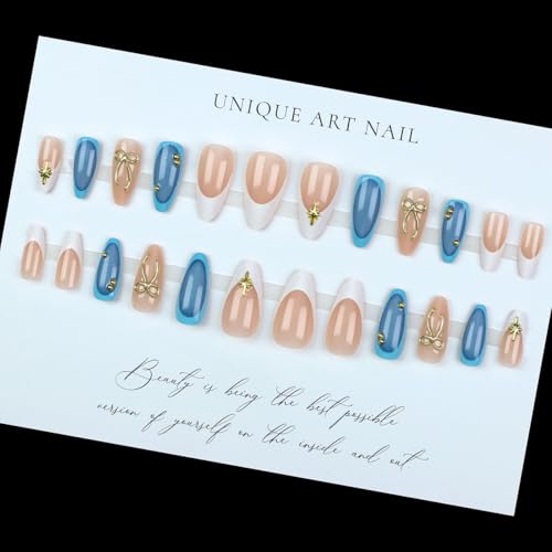 LPOODDNU 3D Gold Bow Star Press on Nails Almond - Medium Blue Fake Nails with French Tip Designs, Glossy Finished Reusable False Nails with Adhesive Glue Tabs - 24Pcs Nail Kit for Women Manicure - color: blue 3d gold bow star
