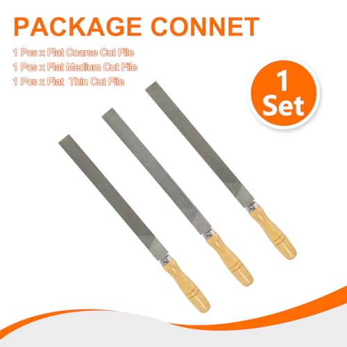 HARFINGTON 3pcs Flat Cut File 12" Double Cut Teeth High Carbon Steel Hand Rasp File with Wood Handle for Metal Wood Deburring Removing - size: 12"