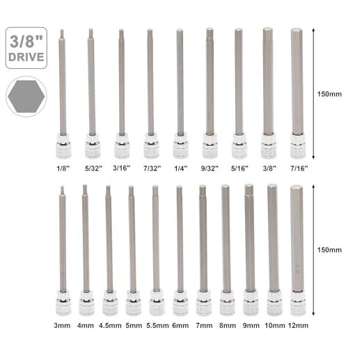 Mayouko 32PCS 3/8" Dr. Extra Long Hex and Torx Bit Socket Set, T10-T60, 1/8"-7/16", 3-12mm, S2&CR-V Steel, 150mm/5.9" Length, SAE&Metric, Long Allen Bit Socket Set - style: Torx&Hex