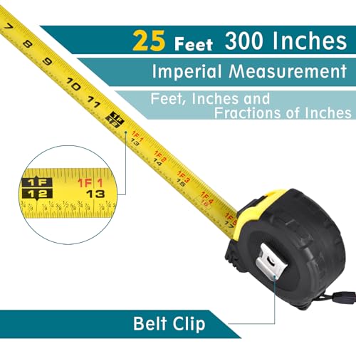 Tape Measure 25 Ft - Metal Retractable Tape Measure with Fractions, Easy Read, 1-inch Wide X 25 Foot - Light Blue - color: Light Blue