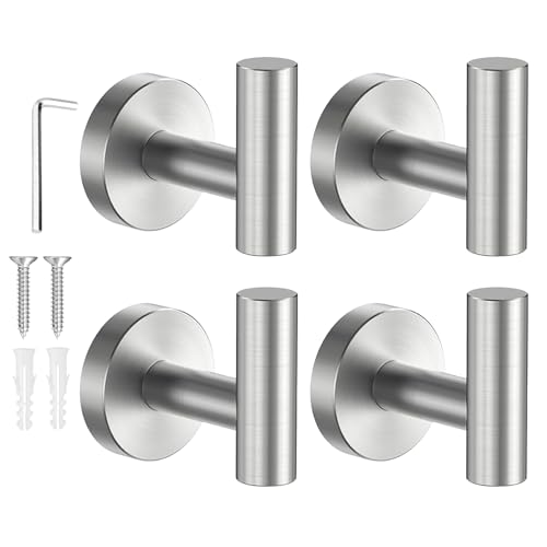 SetSail Towel Hooks for Bathrooms Screw-in 4 Packs Brushed Nickel Bathroom Towel Hook Wall Mounted Stainless Steel Shower Towel Hooks for Coat Hanging, Drill Hole - color: Silver