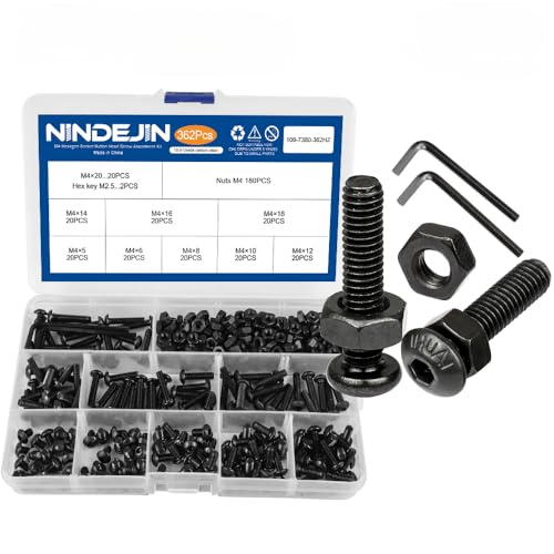 NINDEJIN Metric M4 Button Head Socket Cap Bolts Screws Set, M4x5/6/8/10/12/14/16/18/20 mm Screws Bolts and Nuts Assortment Kit, 362 Pcs Allen Hex Drive, Black Oxide, 10.9 Carbon Steel, Fully Threaded - size: 326Pcs M4 5mm-20mm
