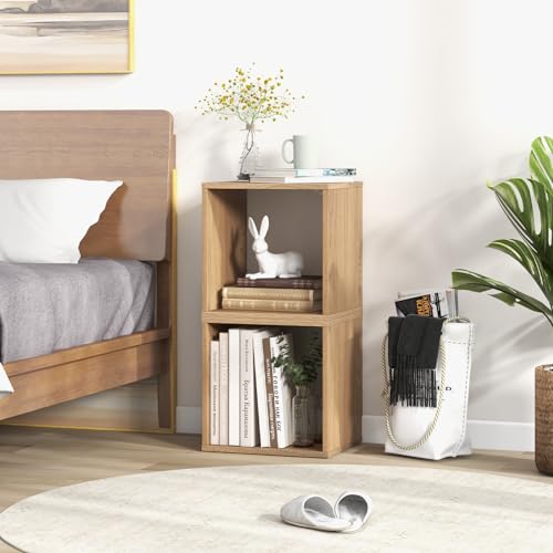 2 Stackable Cubes Bookcase, Wooden Cubby Storage Organizer - color: Natural