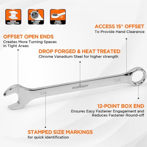HORUSDY 15-Piece SAE Wrench Sets, Premium Combination Wrench Set Metric 1/4in-1 in, Max Torque, 12-Point, Chrome Vanadium Steel, with Storage Rack - style: 15pcs SAE Combination Wrench Set