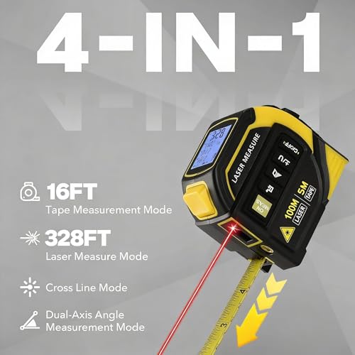 4-in-1 Digital Tape Measure with Laser, 16FT Measuring Tape, 328FT Laser
