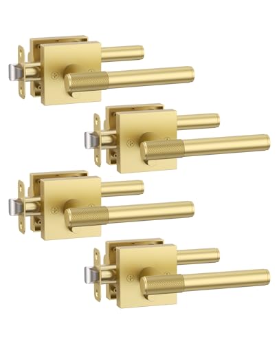 Asidrama 4 Pack Gold Privacy Interior Door Handles | Thumb-Turn Privacy Lock,Fits 1-3/8"-1-3/4" Doors,Adj. 2-3/8"-2-3/4" Latch,Heavy-duty Zinc,Easy DIY Setup - color: Brushed Gold