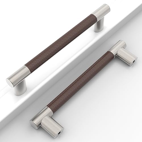 Brown & Nickel Knurled Cabinet Handles Kitchen Pulls 5 Inch 10 Pack - color: Brown and Nickel, size: 5" Hole Center