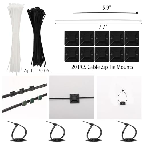 604 Pcs Cable Management Kit, 4 Cord Organizer Sleeve, 7 Cable Holder, 38 Adhesive Cord Clips, 40 Pcs+5 Roll Cable Organizer Straps 200 Cable Ties 300 Cable Wire Clips for PC TV Under Desk