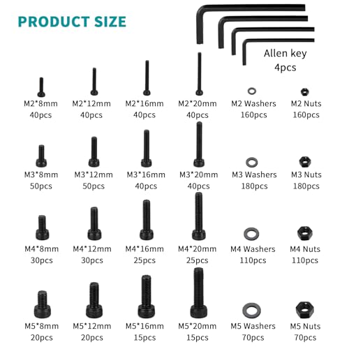 1560 Pcs M2 M3 M4 M5 Screws and Nuts, Assorted Bolts and Nuts Assortment, Hex Socket Head Cap Screws Bolts and Nuts Set, Black Metric Machine Screw Assortment Kit - size: M2, M3, M4, M5