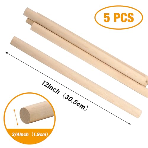 Wooden Dowel Rods Wood Dowels for Crafting 3/4 x 12 Inch, 5 PCS Round Thick Macrame Rods Wooden Sticks for Crafts, Unfinished Birch Hardwood Sticks for Wands, Curtain Rods, Rhythm Sticks - size: 3/4"×12"-5 PCS