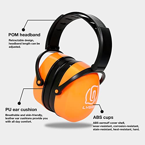LYSIAN 31dB Hearing Protection Earmuffs, Foldable Adjustable Safety Ear Muffs for Shooting, Construction, Lawn Mowing, Adults - color: Fluorecent Orange