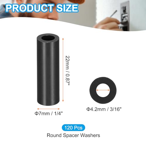 PATIKIL 120Pcs ABS Spacers 4mm ID, 7mm OD, 22mm Height Plastic Round Stud Spacer Black Nylon Washers Nut Unthreaded Rubber for M4 Screws Bolts Barrel - size: 4mm ID, 7mm OD, 22mm Height