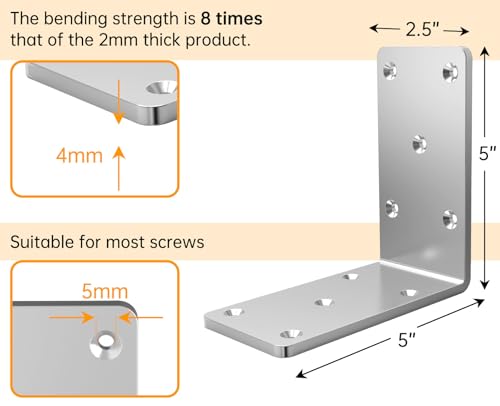 5" X 5" X 2.5" Heavy Duty L Brackets for Wood (4 PCS), L-Shaped Corner Brackets for Shelving and Furniture , Silver - size: 5x5x2.5” ( 4 Pack)