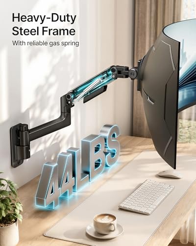 Single Wall Mount Monitor Arm for 17-49" Ultrawide Screens | Heavy Duty Wall Mount Stand Holds up to 44 LBS - size: Single