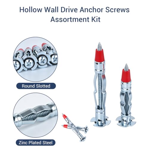 HOME MASTER HARDWARE 40pcs Zinc Plated Steel Hollow Wall Drive Anchor Screws Assortment Kit for Drywall,Molly Bolt Drive Fasteners Kits for Drywalls (1/8inch x 59 mm & 1/8inch x 46 mm)