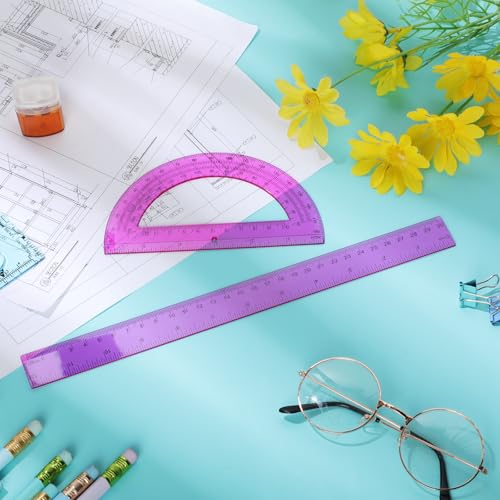 Zonon 2 Pcs 12 Inch Clear Ruler and 6 Inch Plastic Protractor Set, Purple - color: Purple
