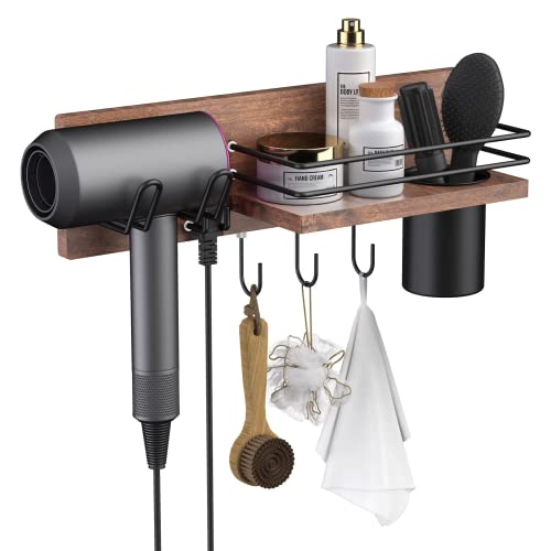 RoleDes Wooden Hair Dryer Holder Wall Mounted, Bathroom Hair Tool Organizer, Blow Dryer Holder Shelf, Curling Iron and Hair Styling Tools Organizer