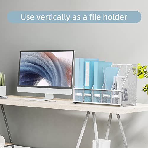 SUPEASY Desk Organizers Metal Desk Magazine File Holder with 5 Vertical Compartments Rack File Organizer for Office Desktop, Classroom, Home Workspace, White - color: White, size: Small