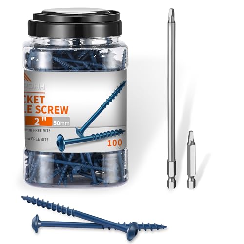 100 PCS #8 x 2 Blue Coated, Hardened Steel Pocket Hole Screws, No.8 x 2 Inch Square Drive Washer Head Wood Screw, 2" & 6" Bit Included, Partially Threaded Self Tapping by TPOHH - size: #8 X 2 inch