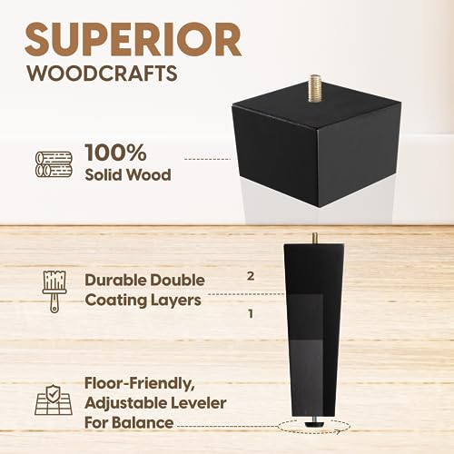 Yes4All 8 Inches Square Black Solid Wood Furniture Legs Set of 4, Heavy Duty 800 Lbs Capacity Furniture Legs with Leveler, Replacement Legs for Furniture, Couch, Sofa, Dresser, Ottoman - color: Square Black, size: 8 inch