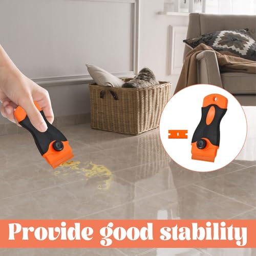 Plastic Scraper Tool with 10 Razor Blades, Orange and Black, Anti-Slip Grip Handle, Paint and Adhesive Remover for Glass Window Car Surface, 4.3 Inch Length
