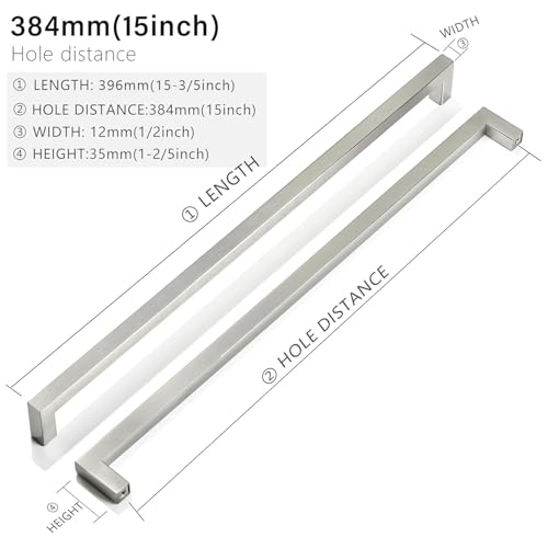 Cabinet Pulls Brushed Nickel Cabinet Handles Square Drawer Pulls, 5 Pack 15 Inch Stainless Steel Kitchen Door Cupboard Cabinet Handles, Cabinet Hardware Drawer Handles, 384mm Hole Centers - color: Brushed Nickel, size: Two Hole - 15 inch Hole Centers(384m