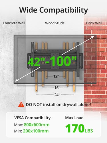 USX MOUNT 85 86 90 98 100 inch Heavy Duty Full Motion TV Wall Mount for 42-100" TVs, TV Mount with Swivel, Tilt & Leveling, Wall Mount Bracket Up to 170lbs, Max VESA 800x600mm, Fits 16/18/24" Studs. - size: 42-100 inch