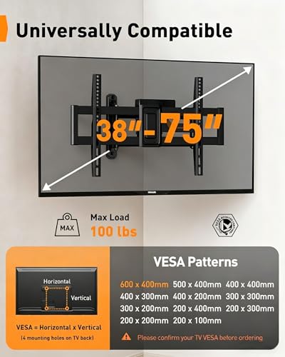 Perlegear Long Arm Full Motion TV Mount with Power Strip for 42–75 inch TVs - size: Fits 38-75'' TVs / Max 600x400mm