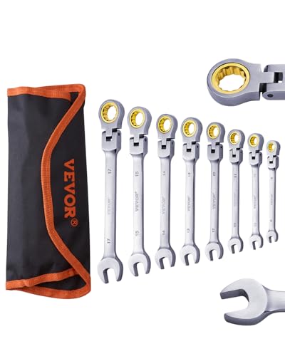 VEVOR Flex-Head Ratcheting Wrench Set, Nickel Plating, 8-piece Flexible Ratcheting Combination Wrench Set with Roll-up Pouch, CR-V, 72 Teeth, Metric 8-17mm - size: 8PCS (Metric), style: Flex-head