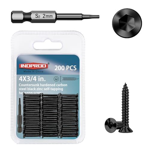200-Piece #4 x 3/4" Flat Head Hex Socket Self Tapping Screws - Black Zinc Plated Steel, Countersunk Wood Screws with Drive Bit, for Woodworking & Furniture Repair - size: #4 x 3/4"