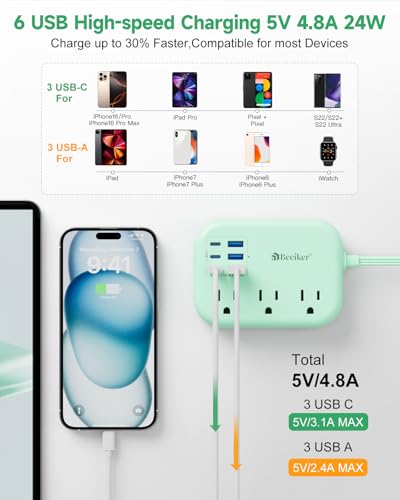 6 USB (3 USB C) Green Travel Power Strip, 5Ft Extension Cord, 3 Outlets - size: 5 FT(Green-24W)