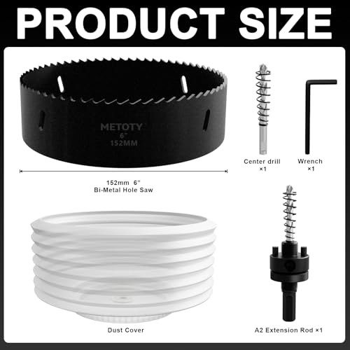 Bi-Metal Hole Saw 6 Inch with 4-Hole Hollow Center Design & Dust Bowl Catcher – 152mm Hole Cutter for Recessed LED Lights, Cuts Wood, Metal & Drywall, Ideal for Lighting Installation - size: 6" & BLK